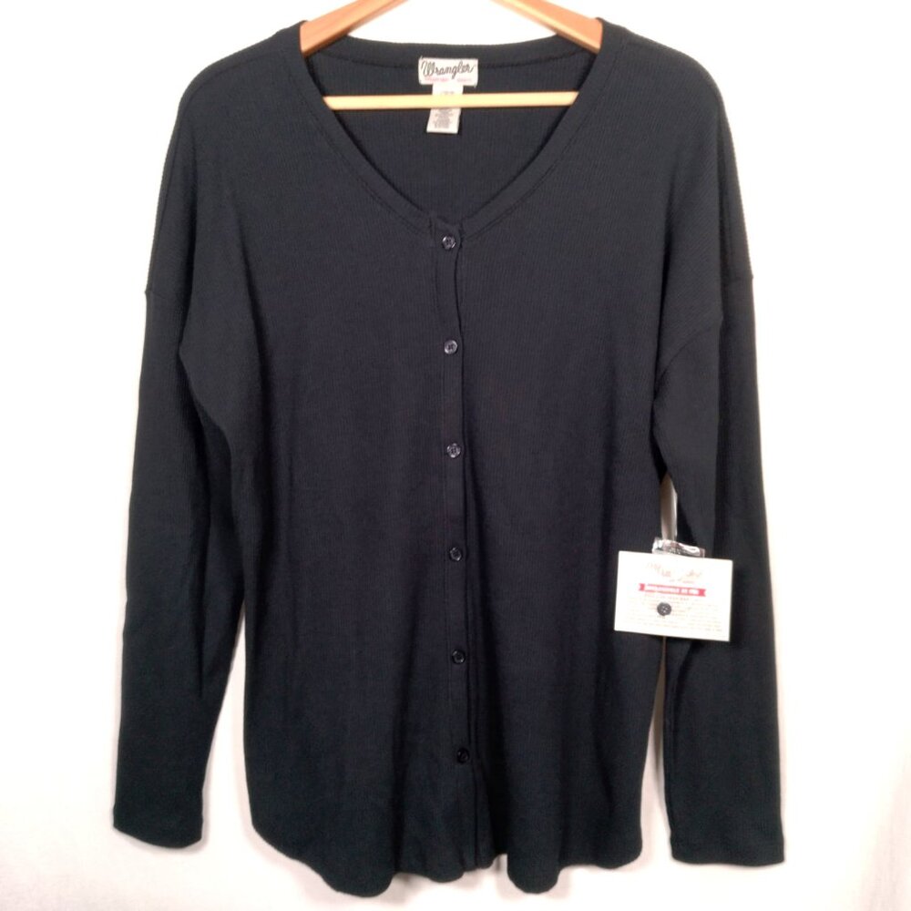 Wrangler Wrancher Shirt Women Lare Blue Waffle Knit Thermal Top Long Slv Button